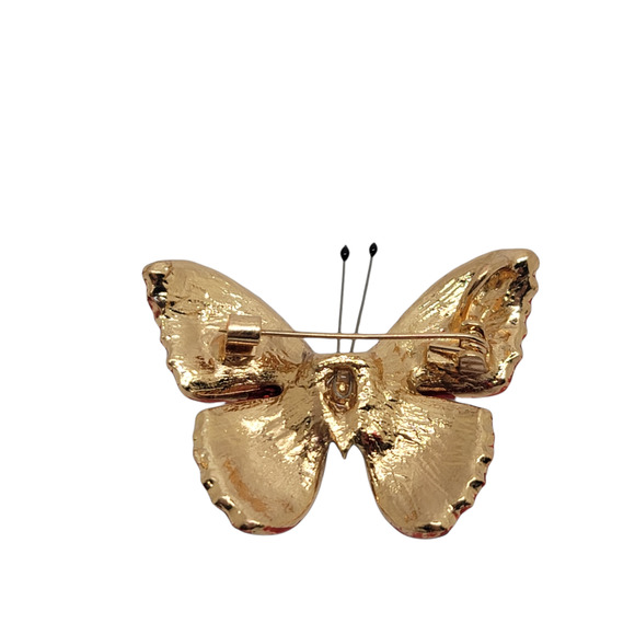 Goldtone Round Red Czech Crystal with Red Enamel Butterfly Brooch Pendant - Picture 4 of 5